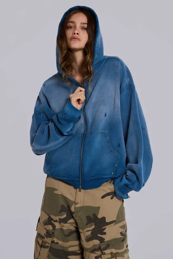 Bluza z kapturem „Monster” z teksturowanej bawełny waflowej w stylu „Sunfade”