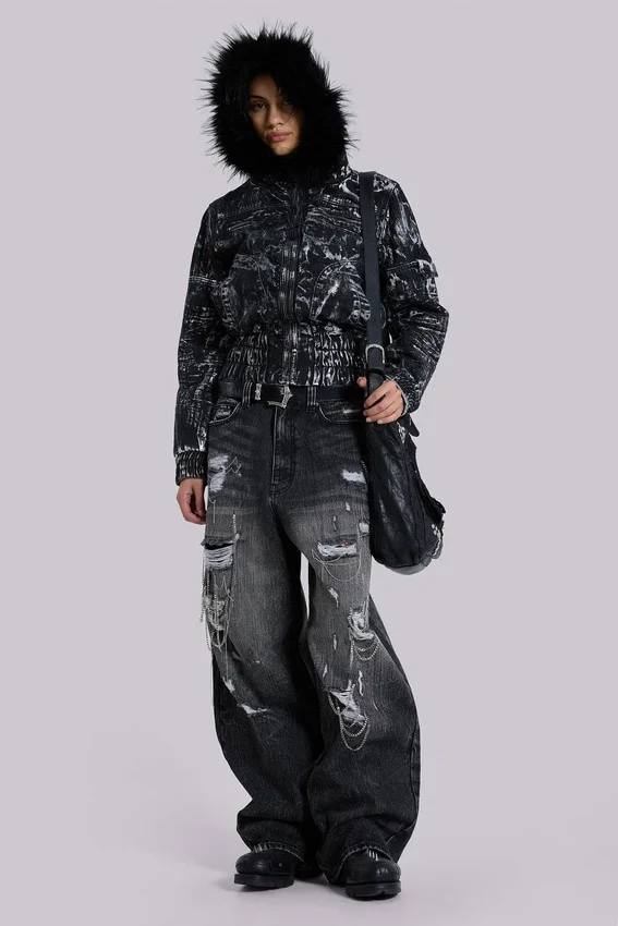 Colossus Jeans XL z efektem postarzenia i łańcuchowymi detalami
