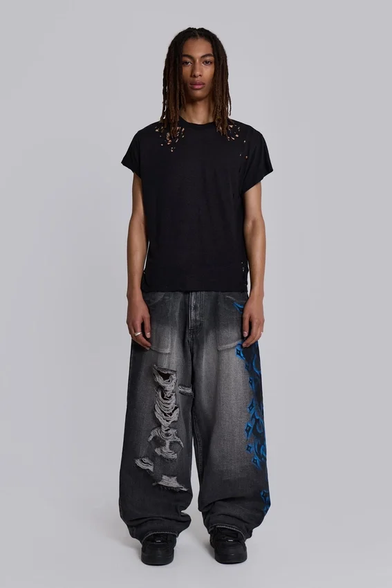 Czarne Colossus Jeans XL z przetarciami i nadrukiem Spike Airbrush