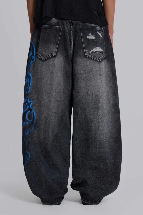 Czarne Colossus Jeans XL z przetarciami i nadrukiem Spike Airbrush