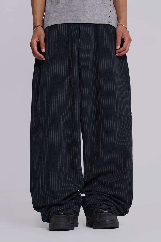 Czarne Jeansy Colossus XL w cienką prążkowaną kratkę