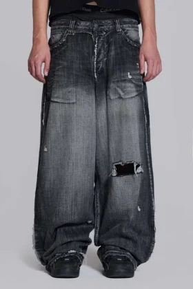Czarne jeansy XL Colossus z efektem erozji