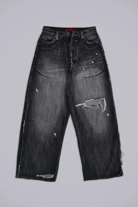 Czarne jeansy XL Colossus z efektem erozji