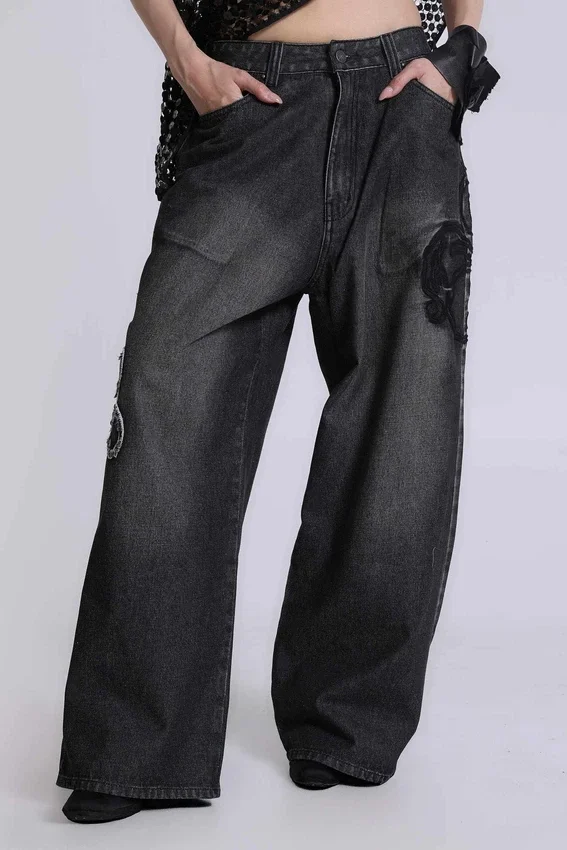 Czarne Jeansy XL Colossus z wypukłym haftem