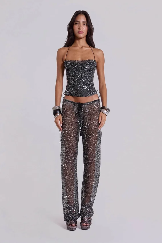 Deva – dzianinowy top gorsetowy z cekinami w kolorze midnight