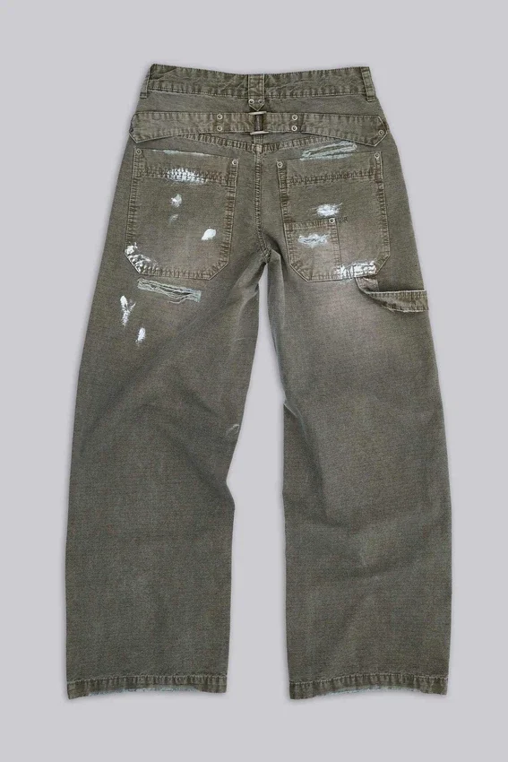 Farbowane jeansy typu carpenter z tkaniny ripstop w kolorze khaki