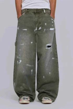 Farbowane jeansy typu carpenter z tkaniny ripstop w kolorze khaki