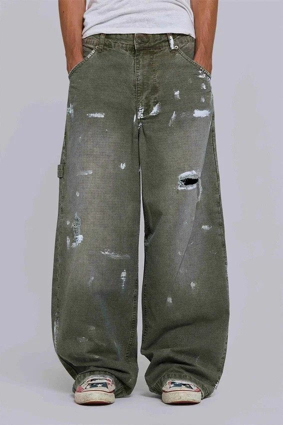 Farbowane jeansy typu carpenter z tkaniny ripstop w kolorze khaki