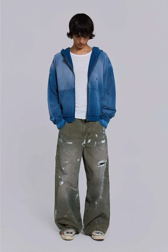 Farbowane jeansy typu carpenter z tkaniny ripstop w kolorze khaki