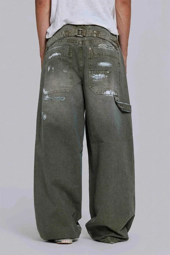 Farbowane jeansy typu carpenter z tkaniny ripstop w kolorze khaki