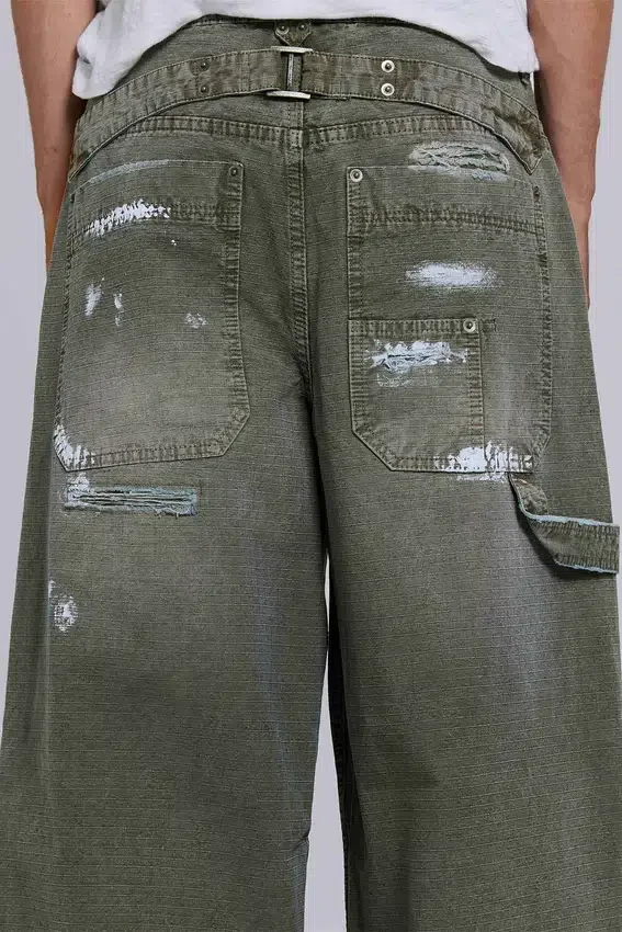 Farbowane jeansy typu carpenter z tkaniny ripstop w kolorze khaki