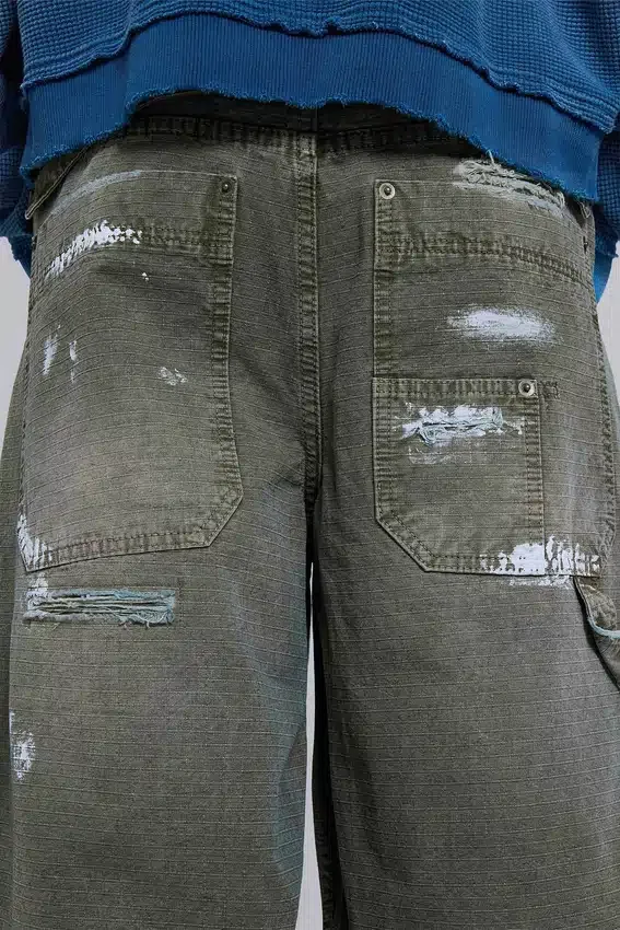 Farbowane jeansy typu carpenter z tkaniny ripstop w kolorze khaki