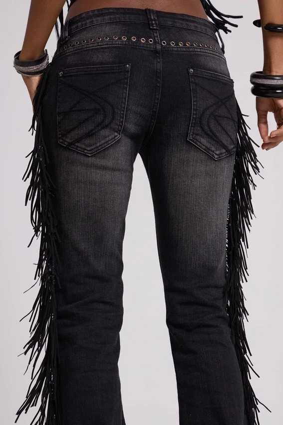 Jeansy z frędzlami El Topo w stylu bootcut w czarnym wykończeniu