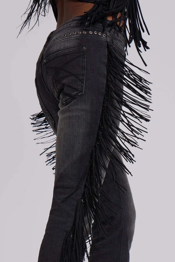 Jeansy z frędzlami El Topo w stylu bootcut w czarnym wykończeniu