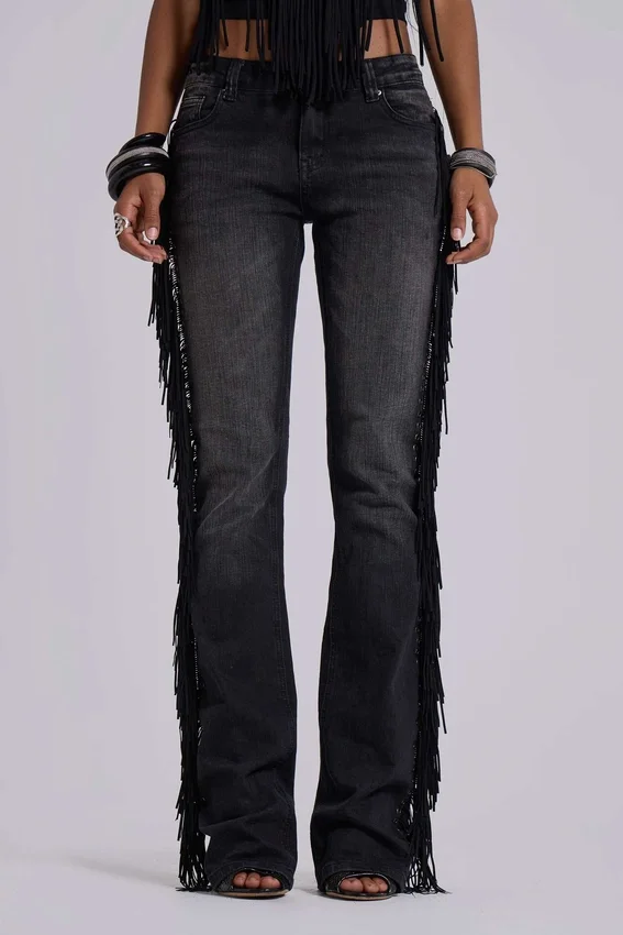 Jeansy z frędzlami El Topo w stylu bootcut w czarnym wykończeniu