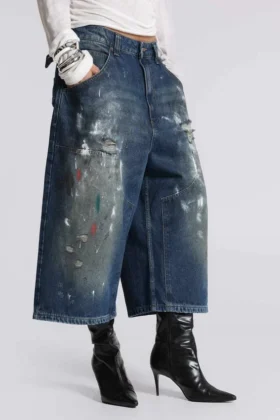 Krótkie jeansy typu „Carpenter” w stylu „Splatter” w rozmiarze XL