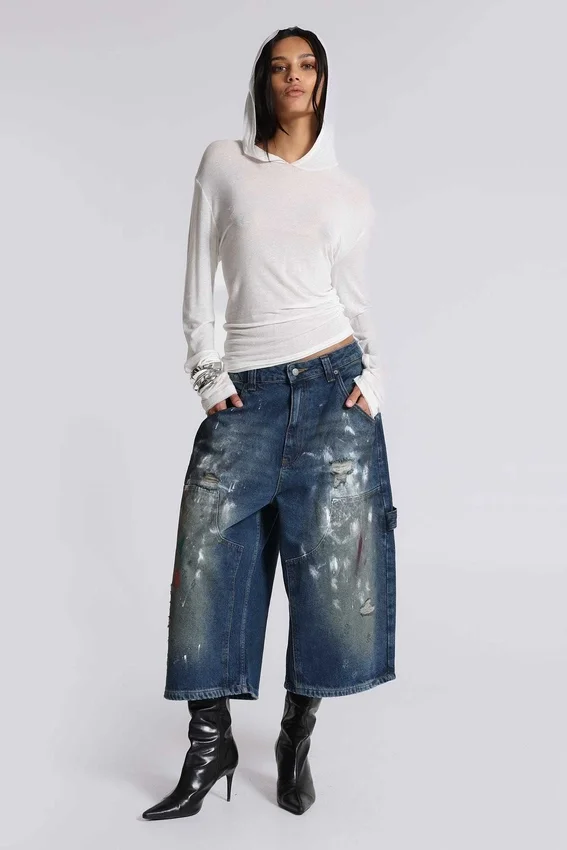 Krótkie jeansy typu „Carpenter” w stylu „Splatter” w rozmiarze XL