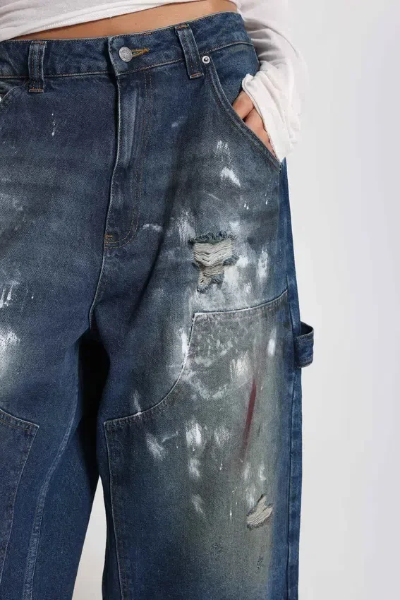Krótkie jeansy typu „Carpenter” w stylu „Splatter” w rozmiarze XL