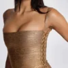 Metaliczna mini sukienka typu bandage „Idol” w kolorze brązowym