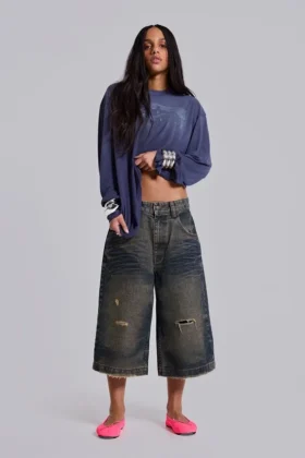 Niebieskie szorty Colossus Jorts z regulacją z tyłu
