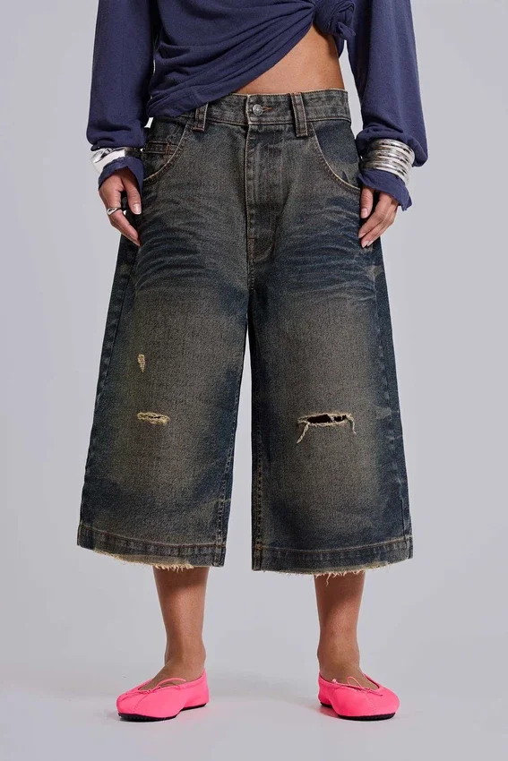 Niebieskie szorty Colossus Jorts z regulacją z tyłu
